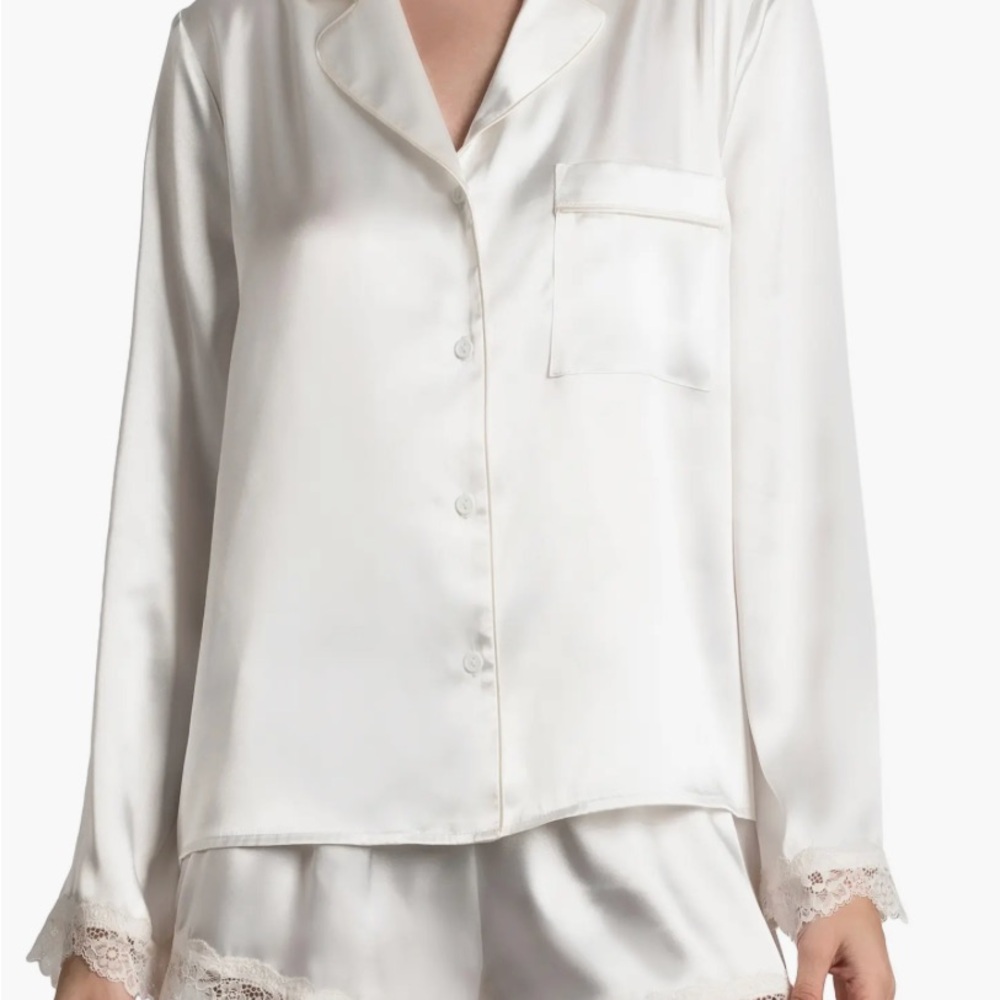 Women's Ivory Satin Button-Front Pajama Set with Lace Trim